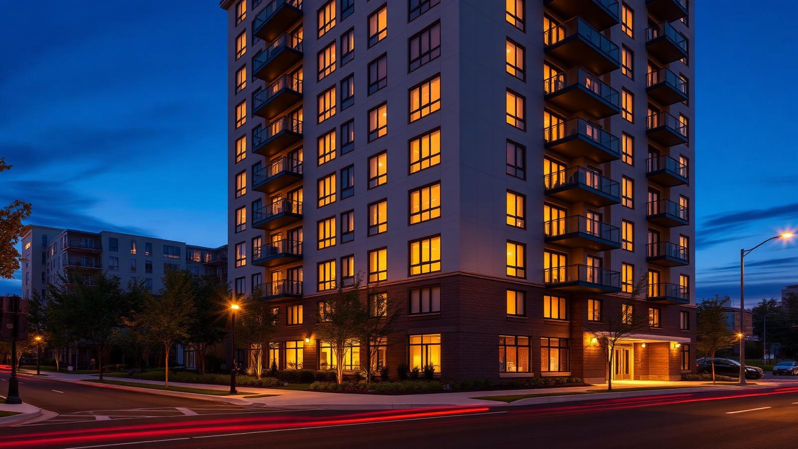Furnished corporate residence building at dusk